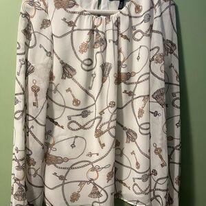 White House Black Market Cream Blouse with Key and Rope Print X Small